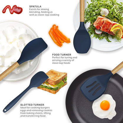 12-Piece Silicone Kitchen Utensil Set with Wooden Handles